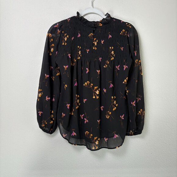 Madewell Georgette Ruffle Collar Smocked Top Size S Black Floral Sheer Sleeves - Picture 4 of 11